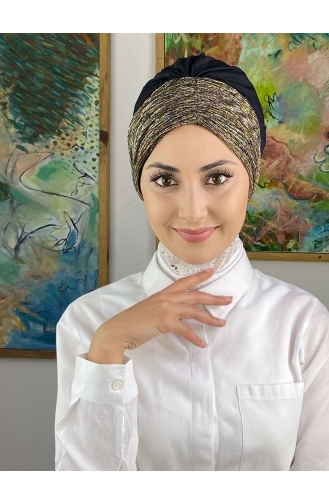 Simli Büzgülü Siyah Bone 4914MAYŞAP49-01 Siyah Altın Sarısı