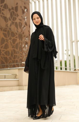 Şallı Şifon Abaya 6000-01 Siyah