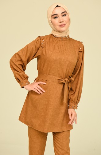 Taş Detaylı Tunik Pantolon İkili Takım 2207-10 Camel