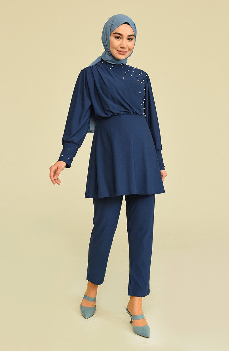 İncili Tunik Pantolon Abiye Takım 2223-03 İndigo