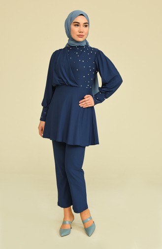 İncili Tunik Pantolon Abiye Takım 2223-03 İndigo