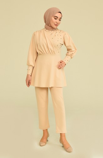 İncili Tunik Pantolon Abiye Takım 2223-07 Bej