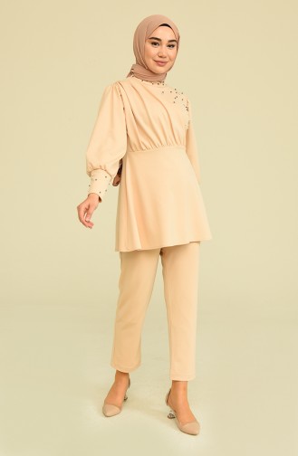 İncili Tunik Pantolon Abiye Takım 2223-07 Bej