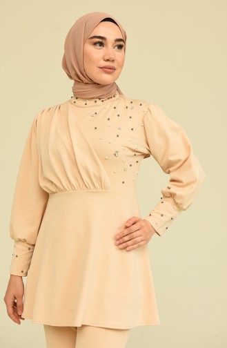 İncili Tunik Pantolon Abiye Takım 2223-07 Bej