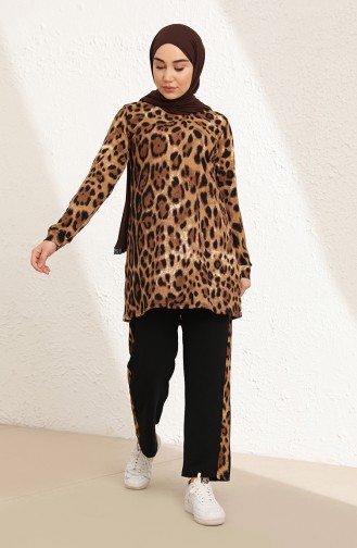 Leopar Desenli Tunik Pantolon İkili Takım 20009-01 Kahverengi Siyah