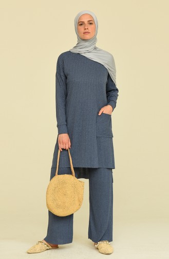 Asimetrik Cepli Tunik Pantolon İkili Takım 7731-17 İndigo Mavi