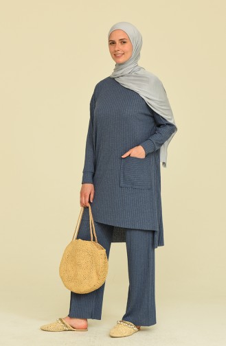 Asimetrik Cepli Tunik Pantolon İkili Takım 7731-17 İndigo Mavi