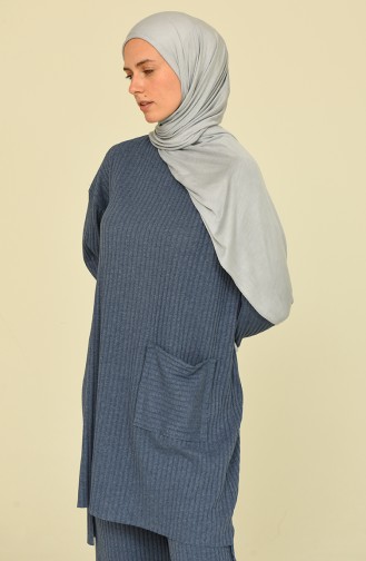 Asimetrik Cepli Tunik Pantolon İkili Takım 7731-17 İndigo Mavi