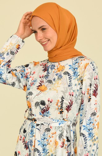 Desenli Tesettür Elbise 3553-01 Mavi Ekru
