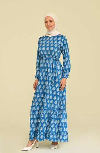 Desenli Tesettür Elbise 3553-07 İndigo