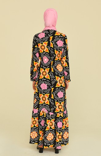Desenli Viskon Elbise 85006-01 Siyah Sarı