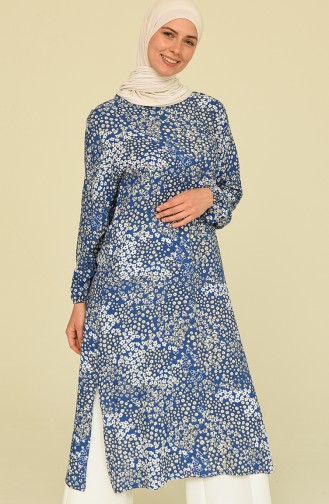 Çiçek Desenli Pamuklu Tunik 1152-01 Mavi