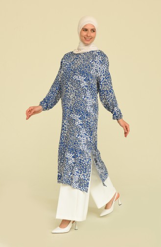 Çiçek Desenli Pamuklu Tunik 1152-01 Mavi