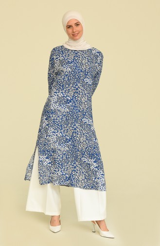 Çiçek Desenli Pamuklu Tunik 1152-01 Mavi