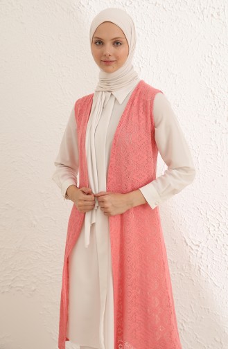 Dantelli Uzun Yelek 8504-01 Pastel Pembe