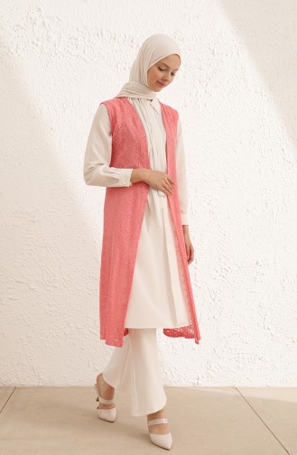 Dantelli Uzun Yelek 8504-01 Pastel Pembe