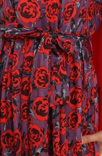 Çiçek Desenli Kuşaklı Elbise 3802B-01 Mor Kırmızı