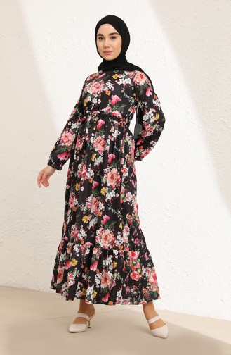 Çiçek Desenli Kuşaklı Elbise 3802K-01 Siyah Beyaz
