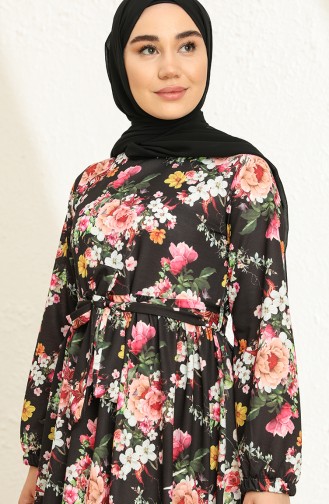 Çiçek Desenli Kuşaklı Elbise 3802K-01 Siyah Beyaz
