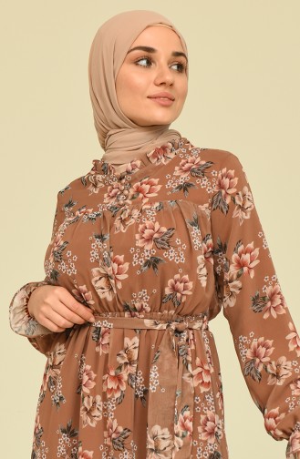 Çiçek Desenli Şifon Elbise 0900-02 Kahverengi