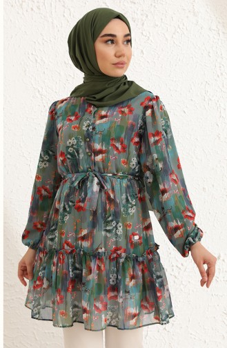 Desenli Şifon Tunik 0857-01 Koyu Yeşil