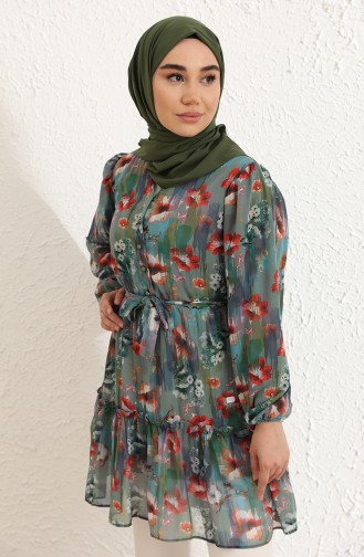 Desenli Şifon Tunik 0857-01 Koyu Yeşil
