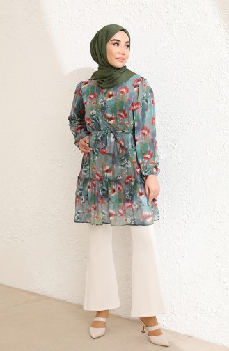 Desenli Şifon Tunik 0857-01 Koyu Yeşil