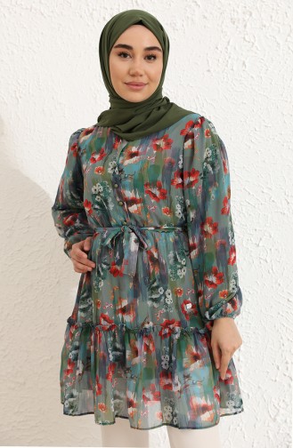 Desenli Şifon Tunik 0857-01 Koyu Yeşil