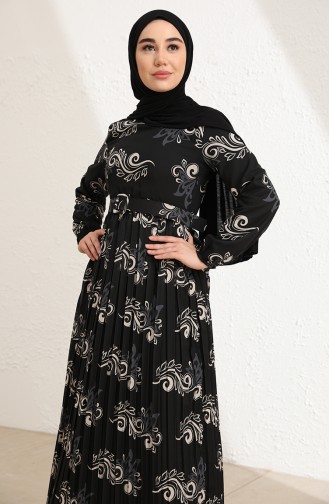 Desenli Kemerli Şifon Elbise 0883-03 Siyah