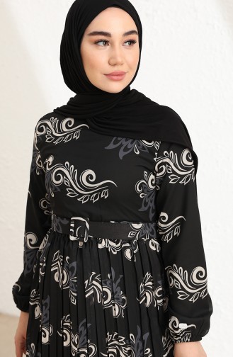 Desenli Kemerli Şifon Elbise 0883-03 Siyah