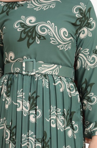 Desenli Kemerli Şifon Elbise 0883-04 Yeşil