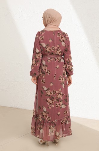 Desenli Şifon Elbise 3114-09 Gül Kurusu