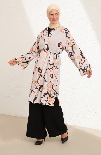 Desenli Kuşaklı Abaya 2350-03 Bej