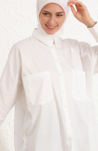 Oversize Cepli Poplin Gömlek 3001-02 Beyaz