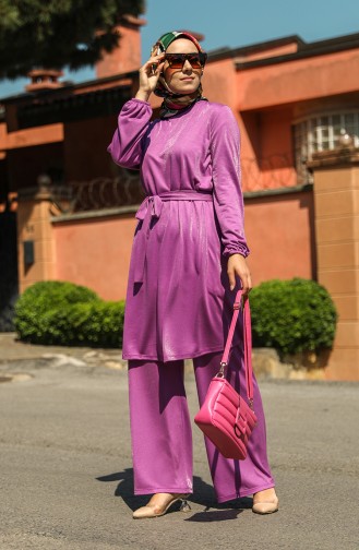 Kuşaklı Tunik Pantolon İkili Takım 2266-01 Lila