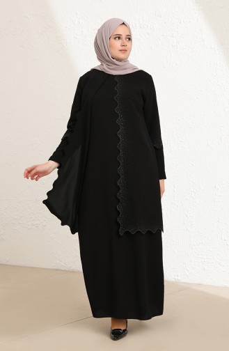 Büyük Beden Taş Baskılı Elbise 4001-03 Siyah
