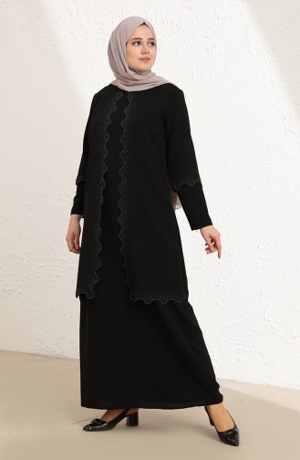 Büyük Beden Taş Baskılı Elbise 4001-03 Siyah