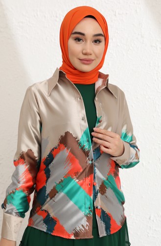 Desenli Saten Gömlek 9033-01 Açık Vizon