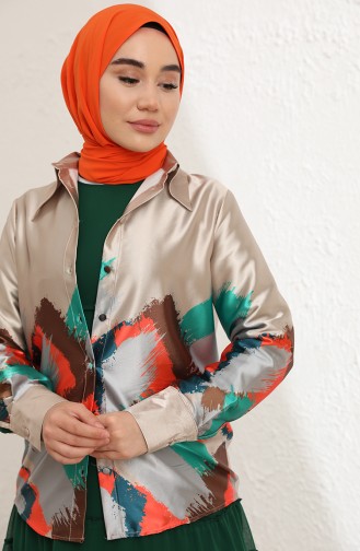 Desenli Saten Gömlek 9033-01 Açık Vizon