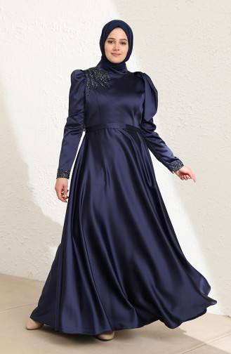 Navy Blue Hijab Evening Dress 6035-05