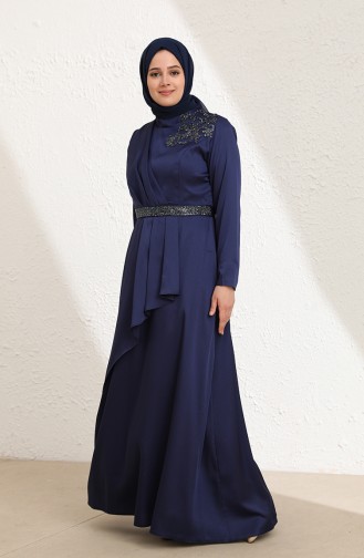 Navy Blue Hijab Evening Dress 6037-03