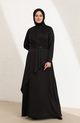 Kreppsatin A-Linie Hijab-Abendkleid In Übergröße 6037-04 Schwarz 6037-04