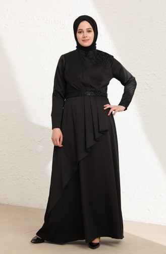 Kreppsatin A-Linie Hijab-Abendkleid In Übergröße 6037-04 Schwarz 6037-04