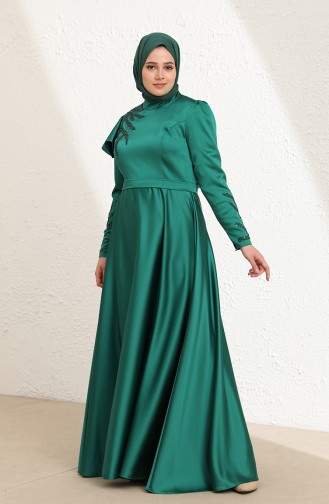 Büyük Beden Omuzu Volanlı Kolları Taşlı Saten abiye Elbise 6043-03 Zümrüt Yeşil