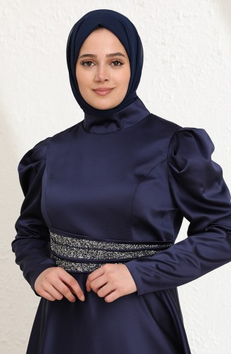 Navy Blue Hijab Evening Dress 6044-03