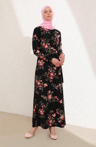 Çiçek Desenli Elbise 5855-01 Siyah