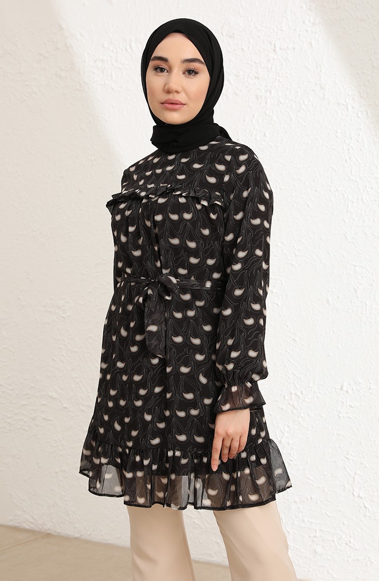 Desenli Şifon Tunik 0040-01 Siyah