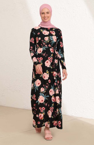 Çiçek Desenli Elbise 100-01 Siyah