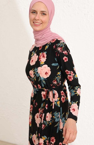 Çiçek Desenli Elbise 100-01 Siyah