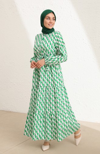 Desenli Elbise 5722-02 Açık Yeşil